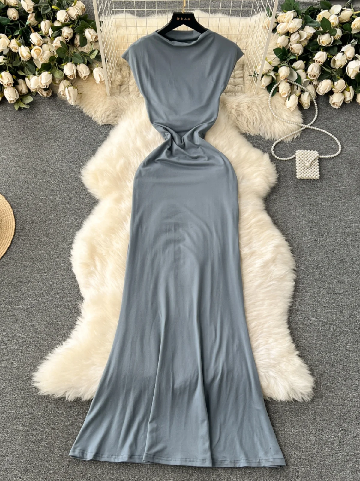 

Foamlina Sexy Cut Out Back Slim Maxi Dress for Women Fashion Summer Solid Stand Collar Sleeveless Bodycon Evening Party Dresses
