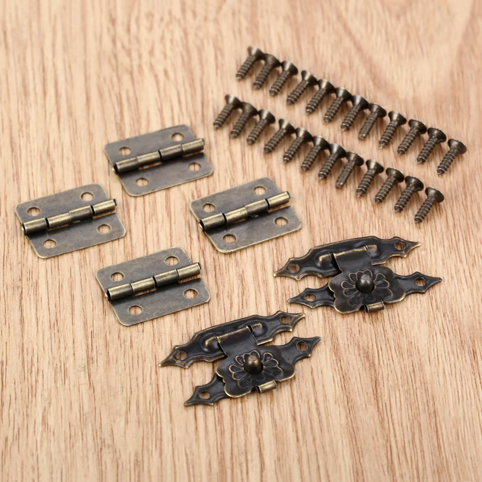 30pcs/set Antique Bronze Box Latch Hasp Clasps 38*18mm+Hinge 18*16mm w/screws Flower Buckle Padlock Wood Jewelry Case Lock Decor
