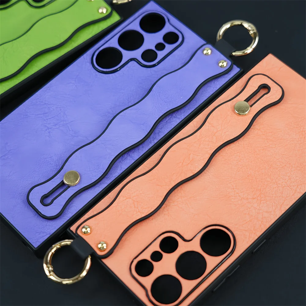 Luxury Leather Wristband Phone Case with Hand Strap and Stand – Pure Color Wave Design
