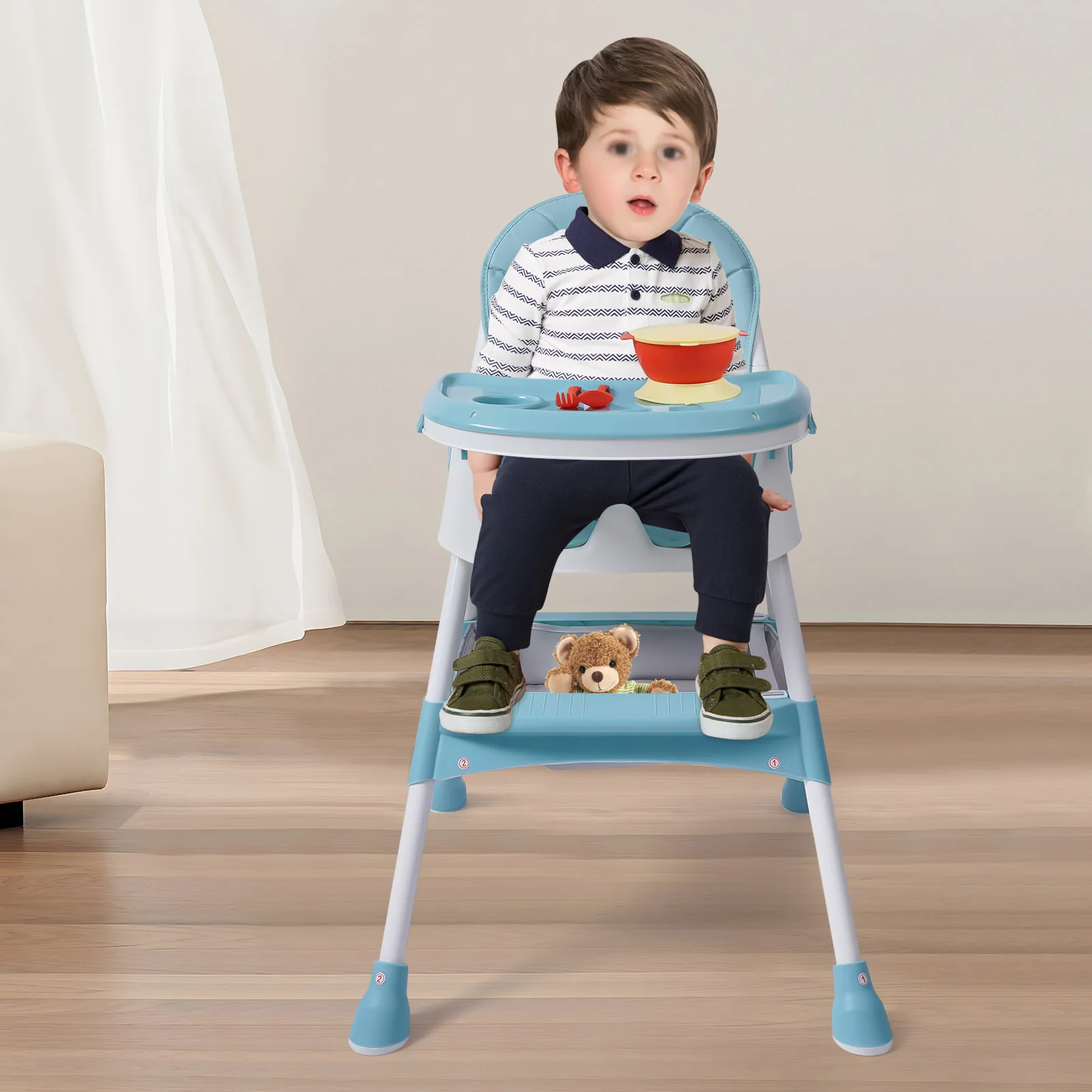 Grüner 2-in-1-Kinderstuhl mit 5-fachem Tablett und Fußstütze, Tragfähigkeit 176 Pfund, sicher und faltbar, für 6 Monate bis 6 Jahre – Detail 10