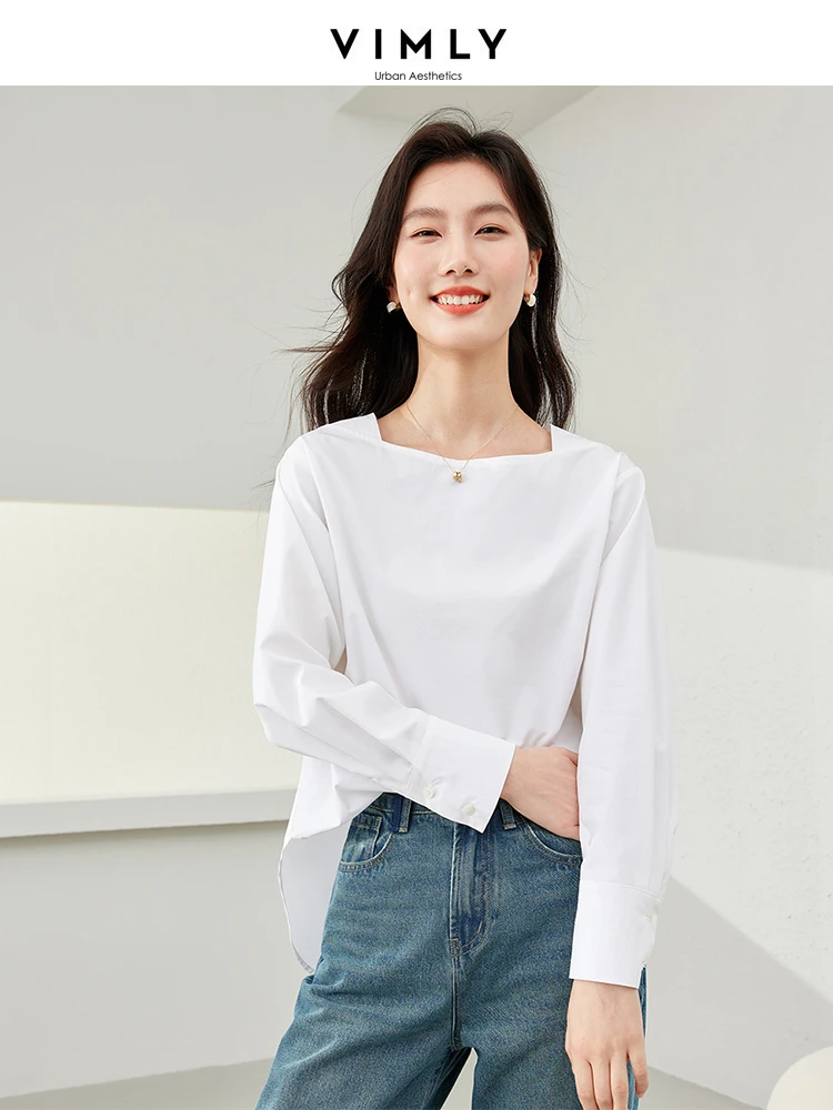 Vimly Cotton 100% Square Collar White Shirt Women 2024 Spring New Irregular Hem Pullover Women's Blouse Long Sleeve Tops M6825