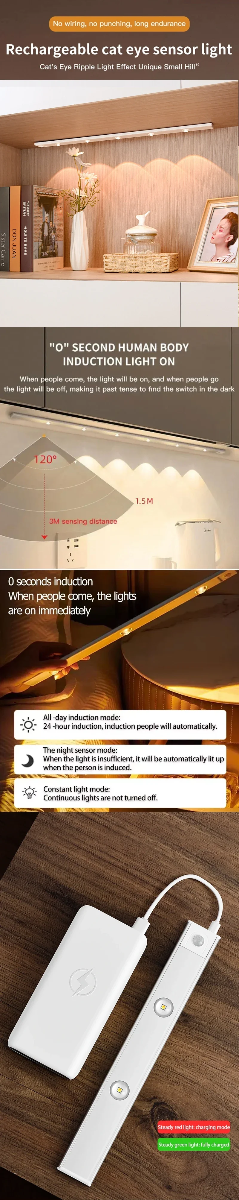 20-50cm LED Under Cabinet Lights Motion Sensor Night Light Ultra Thin Dimmable 3Color USB Rechargeable for Wardrobe Indoor