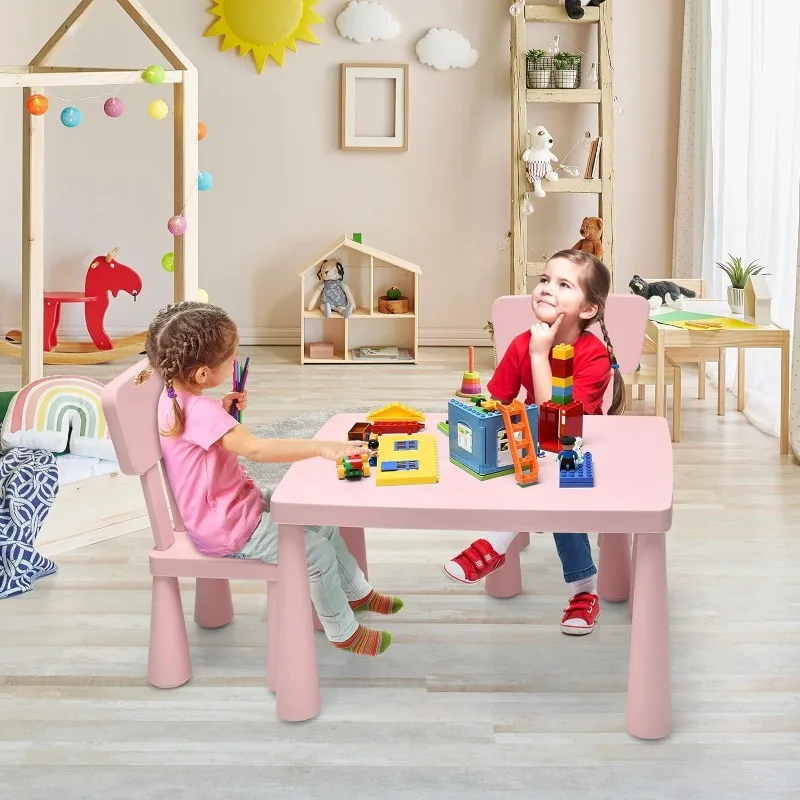 Kids Table and Chair Set, Plastic Children Activity Table and 2 Chairs for Art Craft, Easy-Clean Tabletop, 3-Piece Toddler