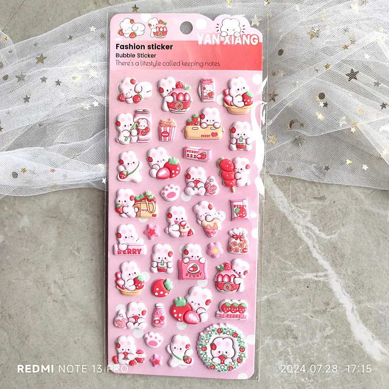 Rosa Erdbeer-Häschen-3D-EVA-Schaum-Aufkleber · Kawaii handgefertigte Journal-Dekoration für Kinder und Mädchen (Anime Worlds Store) – Detail 7