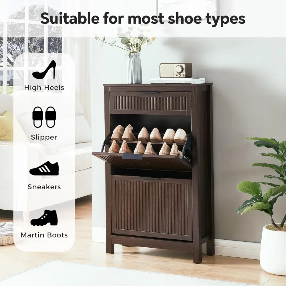 Narrow Flip-Drawer Shoe Cabinet, Wooden Entryway Storage Organizer with Adjustable Shelves
