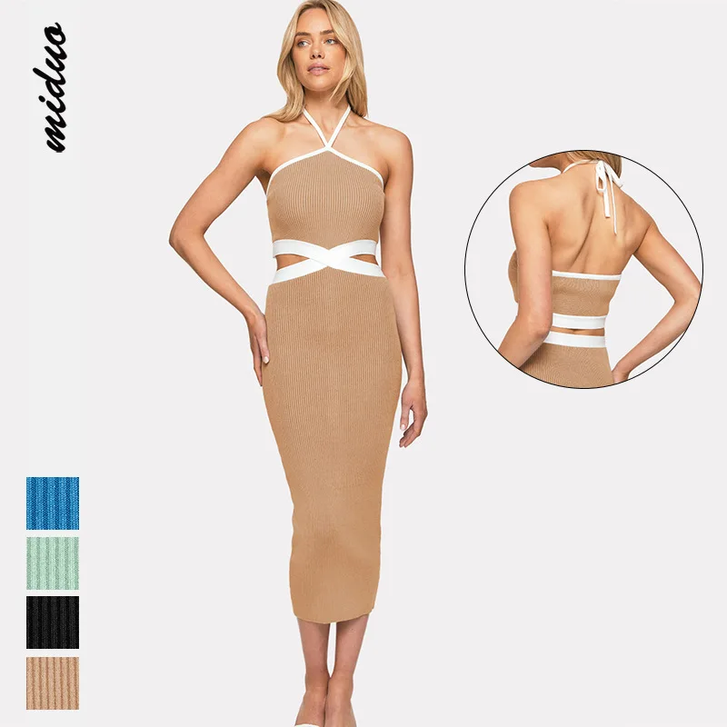 

Dress Strapping Neck Hanging Open Back Hollowed Out Sexy Hot Girl Clothing European and American Fashion Tight Ribbed Dress