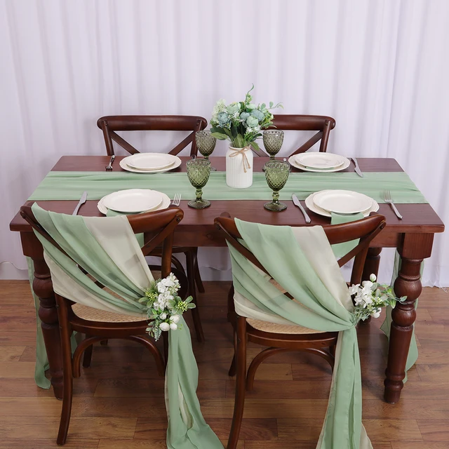 Ceinturage de Chaise en Mousseline de Soie Verte, Couvre-Chaise avec Ruban, 17x275cm, Décoration pour Allée, ixde Mariage, 12 Pièces 3