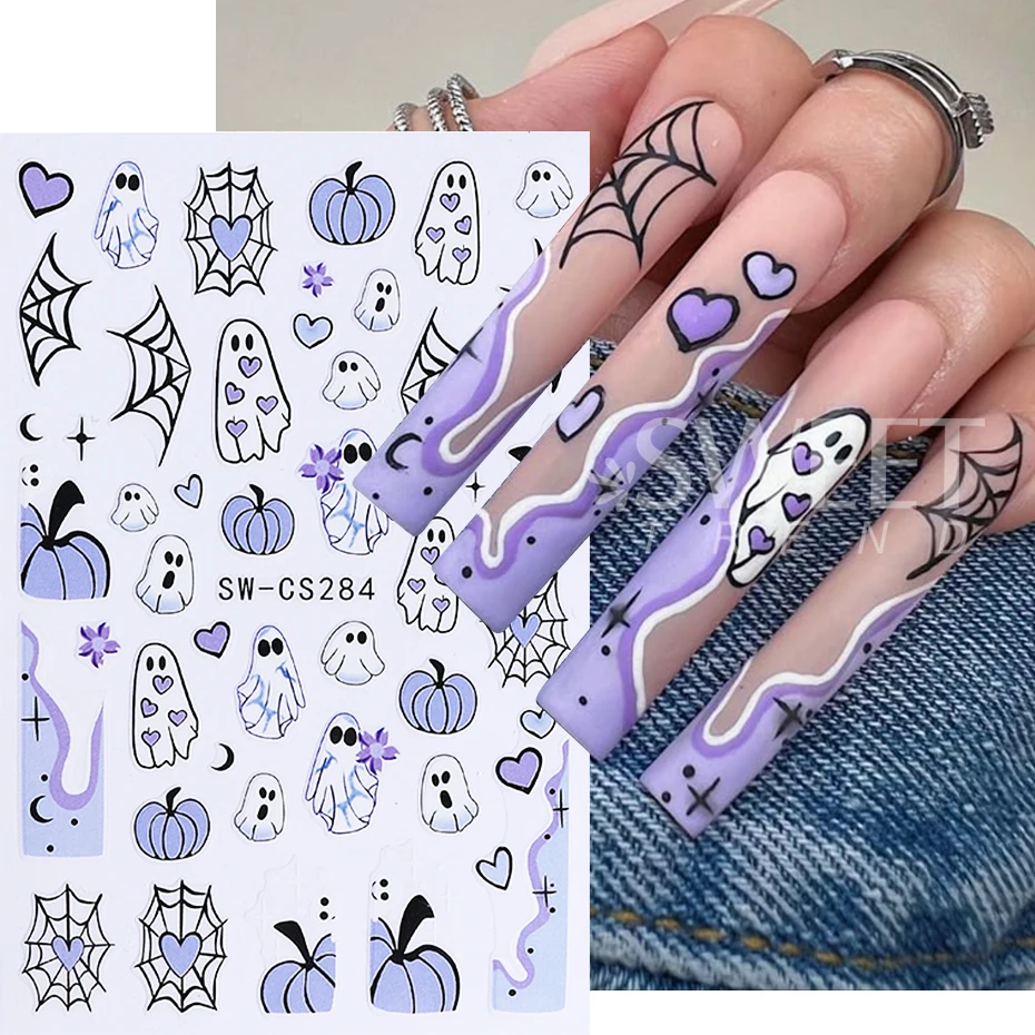 5pcs Halloween Nail Stickers Cartoon Cute Ghost Spider Web Cat Pumpkin Skull Nail Decals DIY Charms Sliders Manicure Decoration