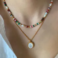 Colliers de perles d'eau douce naturelles en pierre colorée pour femmes, rétro, couleur or, chaîne de clavicule, bijoux cadeaux 2