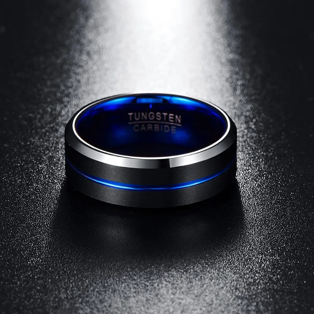 NUNCAD Men's 8mm Tungsten Carbide Ring Blue & Black Matte Finish Beveled Edge Wedding Band Size 4 to 17 T004R 2