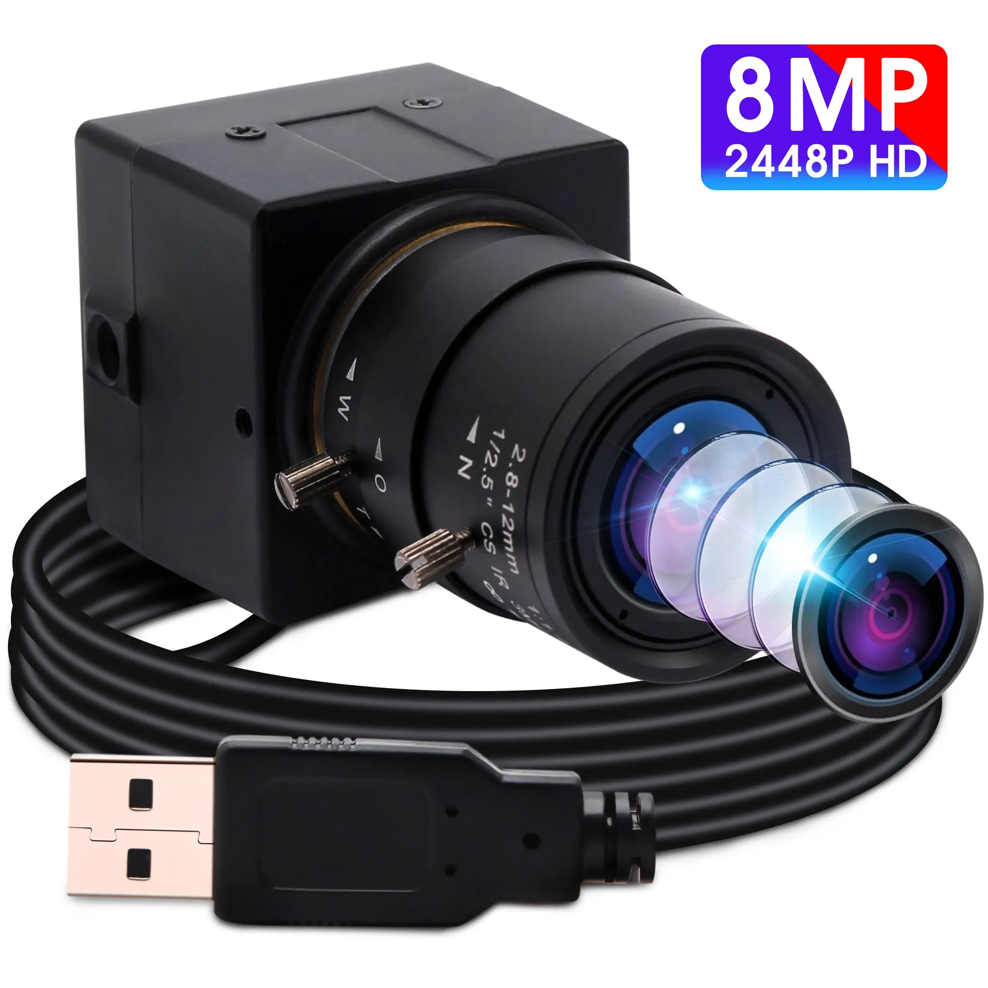 ELP High Resolution 8 Megapixel HD USB webcam with 2.8-12mm varifocal lens IMX179 sensor UVC camera USB
