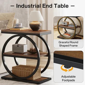 Tribesigns 3-Tier End Table with Storage Shelves, Wooden Industrial Sofa Side Table with Black Metal Frames for Living Room 3