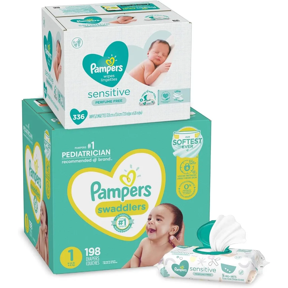 Diapers Size 1, 198 Count and Baby Wipes 1