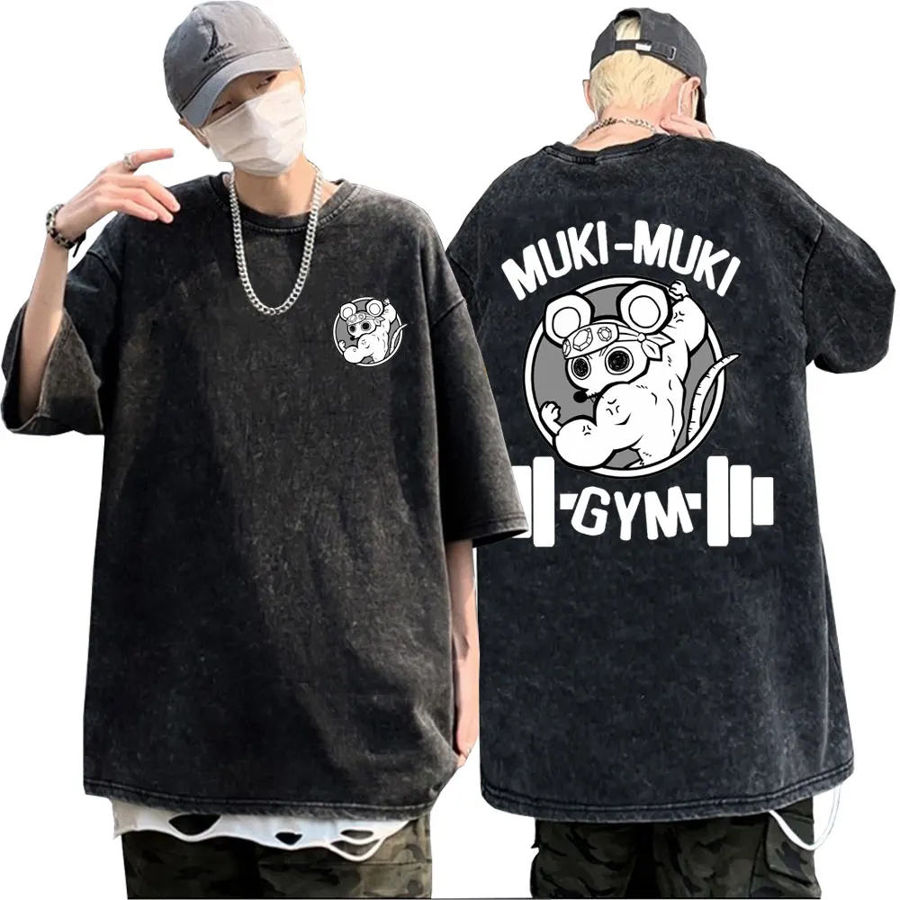 

Anime Wash Vintage Black Funny Ninja Mice Muki Muki Gym T Shirt Demon Slayer Uzui Tengen Print T-shirt Muscular Mouse T Shirts