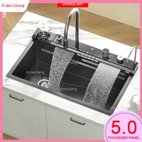 Tiktok Popular Large Single Slot Multifunction Sink Anti-Scratch LED Digital Display Waterfall Kitchen Sink With Cup Washer 1