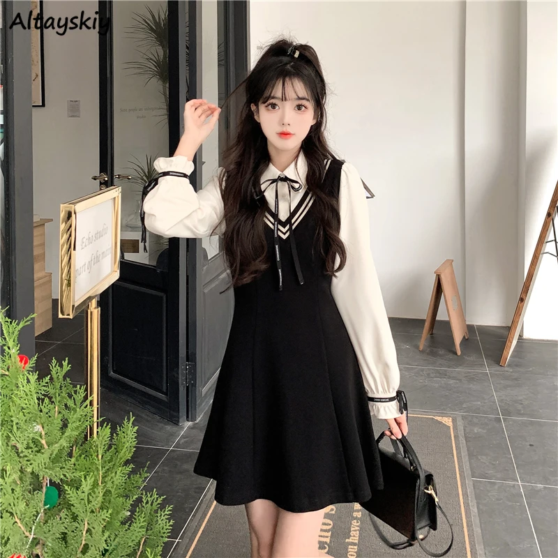 

Long Sleeve Dresses Women Bandage Fake Two Pieces Spliced Panelled Striped Preppy Style Sweet A-line Mini Sweet Retro Students