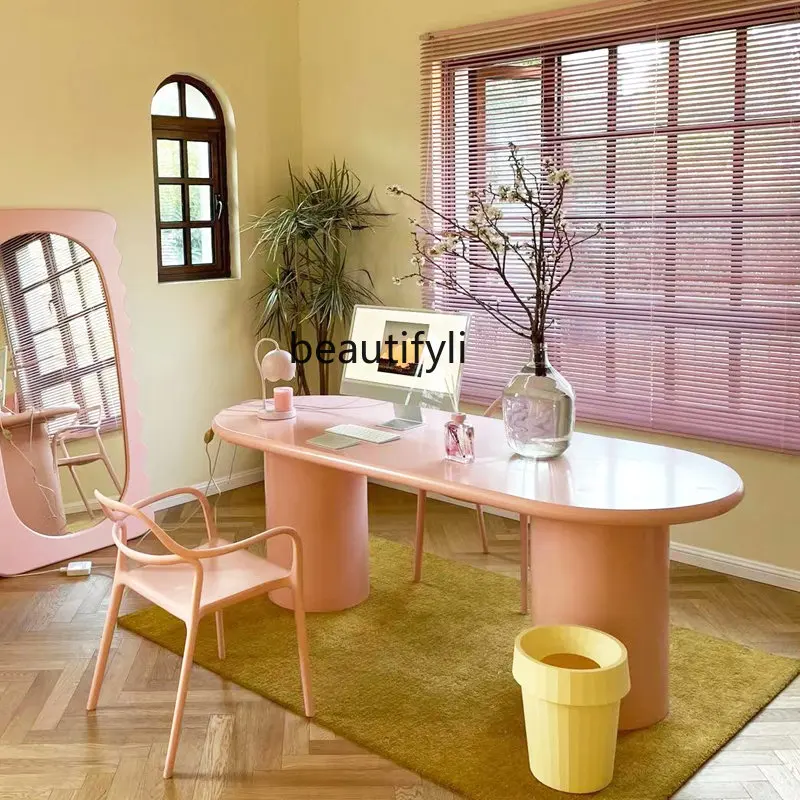 

Cream Style Dining Table and Chair Household Small Apartment Designer Table Oval Pink Workbench