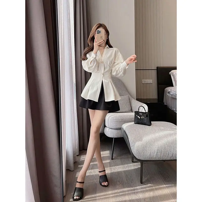 Korean 2023 Spring Autumn New French V-neck Long Sleeves Office Lady Basics Casual Comfortable Solid Commuter Slim Women's Shirt