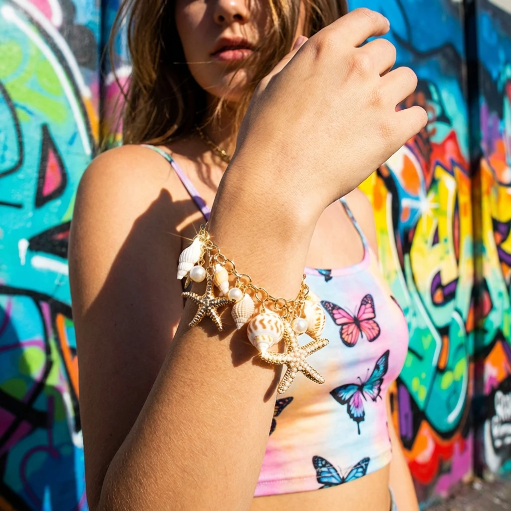 Böhmisches Armband im Ozeanstil für Damen, goldfarben, mit Seestern, Muschel und simulierter Perle, Handkette, Urlaubsgeschenk – Detail 3