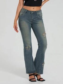 Women Flared Denim Pants Casual Star Pattern Bell Bottoms Jeans Bootcut Trousers for Streetwear 5