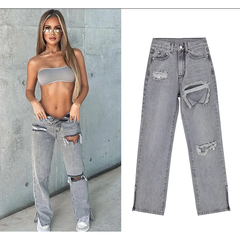 Straight Jeans Mop Pants with Holes In The Hem and A Slight Bell-bottoms Ripped Jeans for Women