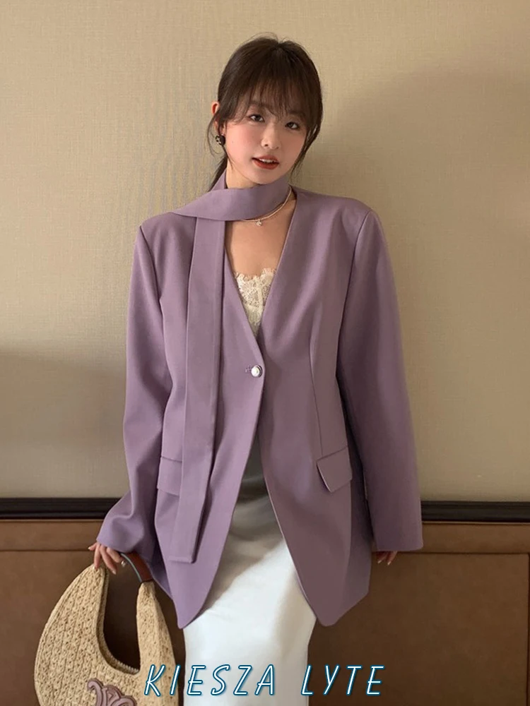 

Fashionable Korean Version Casual Lady-like V-neck Belted Loose Purple Blazer for Women Spring 2024 Paris Fashion Show Jackets