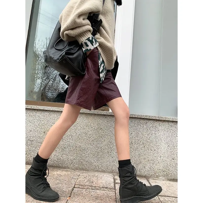 Fashion New Leather Shorts For Women Harajuku y2k Retro Pants trousers vintage Streetwear Knee Length Laidies Leather Trousers