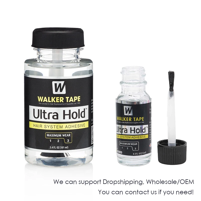 Hånd holder flaske med lace wig lim