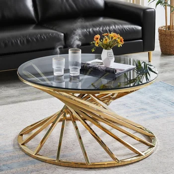 AINPECCA Round Sofa Side Table End Table Small Coffee Table Stainless Steel with Tempered Glass Design Living Room