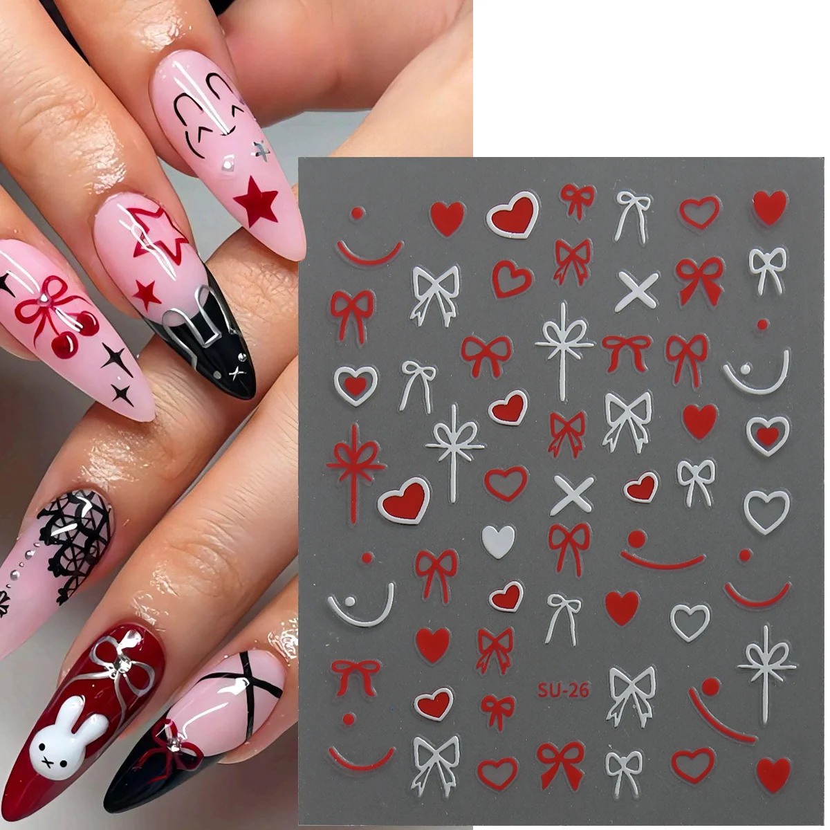 

Valentine 3D Nail Bowknot Decors Silver Red Bows Hearts Nail Stickers Bow Ribbons Nail Art Decals Y2K Manicure Supplies LESU-26