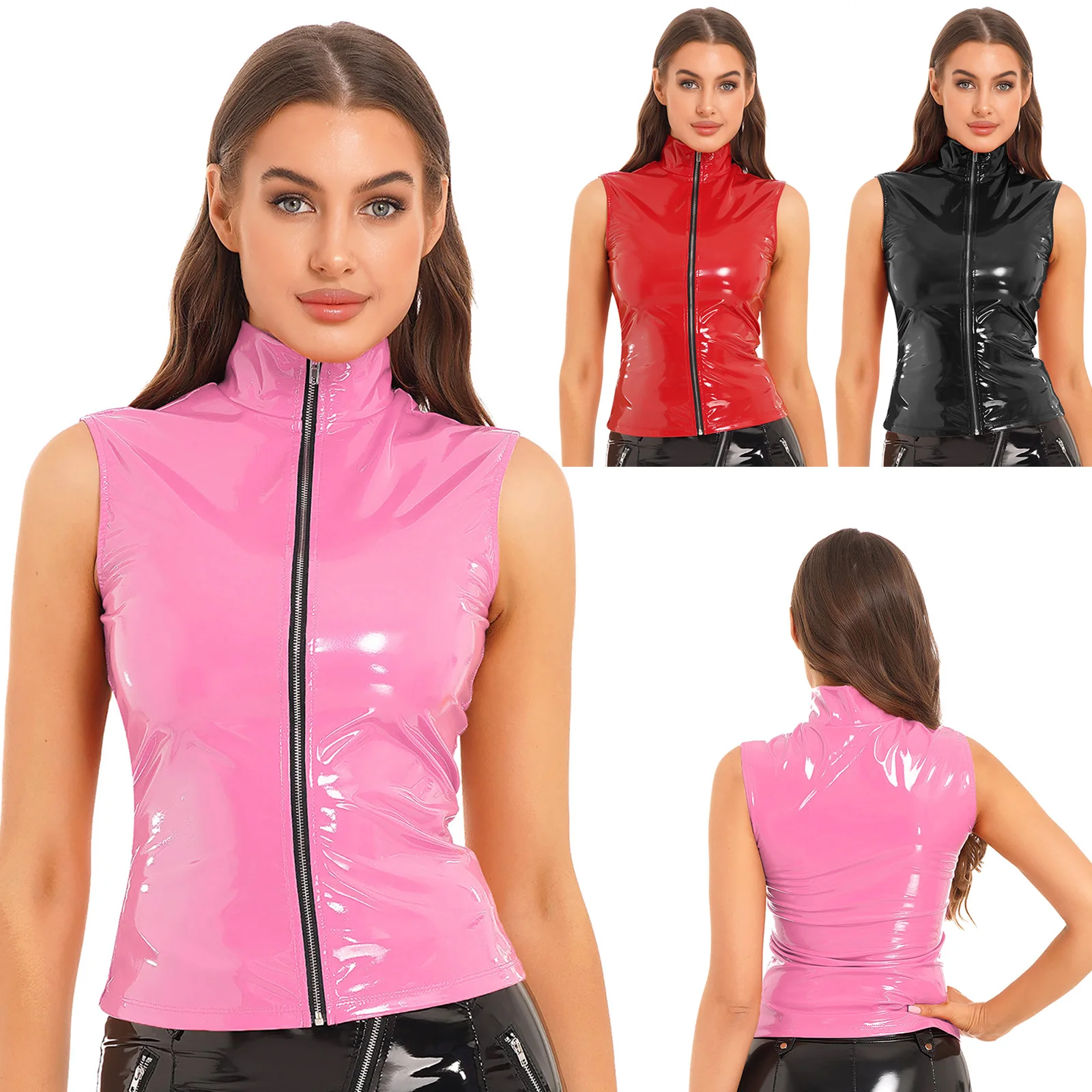 Women's Patent Leather Vest Wet Look Zipper Front Tank Top