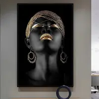 African Woman Art Black And Gold Lips Portrait Canvas Painting Poster Print Wall Art Picture Home Deco For Living Room Frameless 4