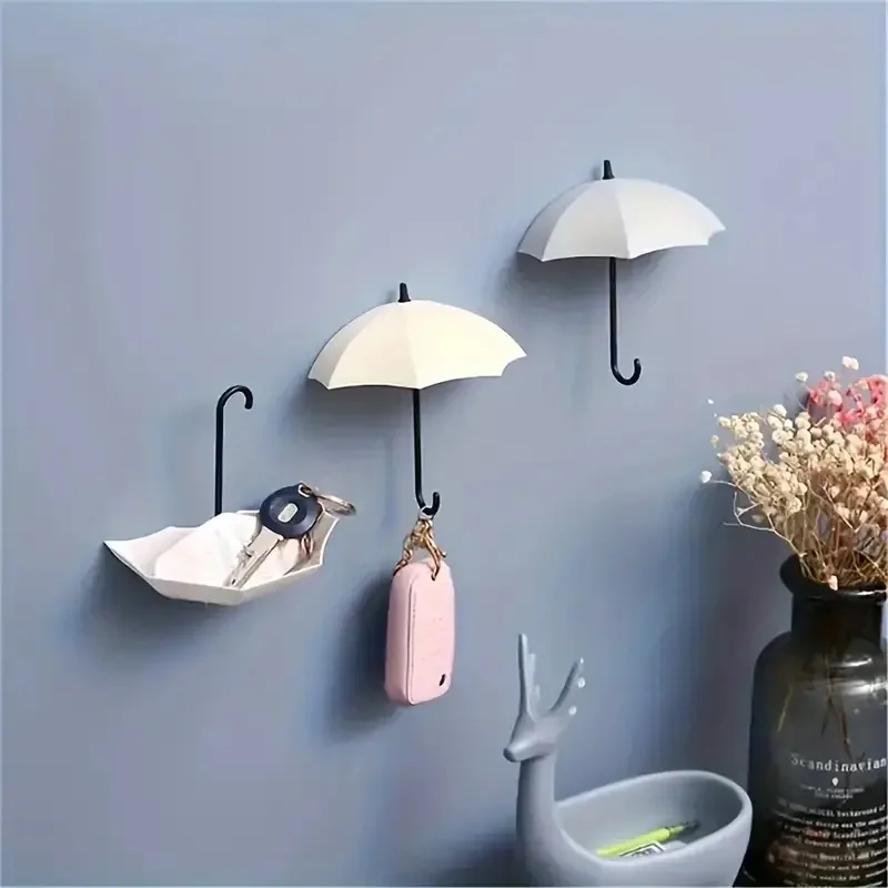 3PCS/Set Cute Umbrella Sticky Hooks No-Punched Behind The Door Key Holder Kitchen Bathroom Decorative Sticky Hooks Accessories