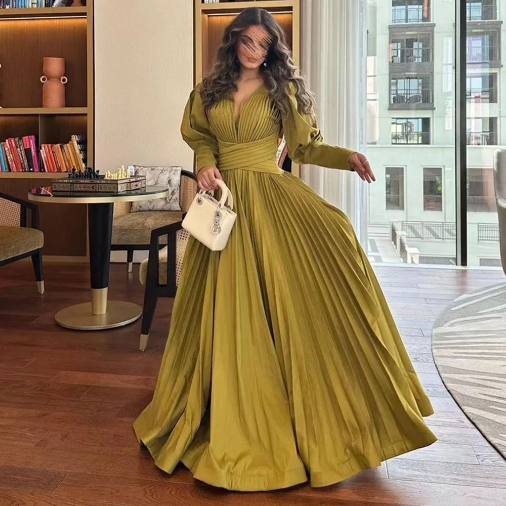 

Temperament Pleat A-line Evening Dresses Long Sleeve V Neck Prom Gown for Women Court Train Banquet Dress فساتين الحفلات