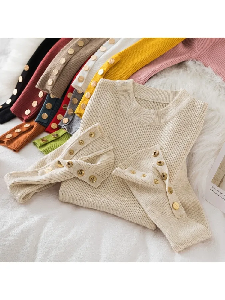 

2023 Ladies' Cozy Thick Knit Pullovers In Khaki Stylish Buttoned O-Neck Sweater Slim Fit Knitwear Soft Autumn Winter Jumper Tops