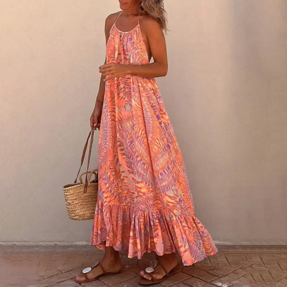 

Women Maxi Dress Printing Halter Neck Backless Big Swing Loose Hem Dress Up Patchwork Bohemian Summer Maxi Dress