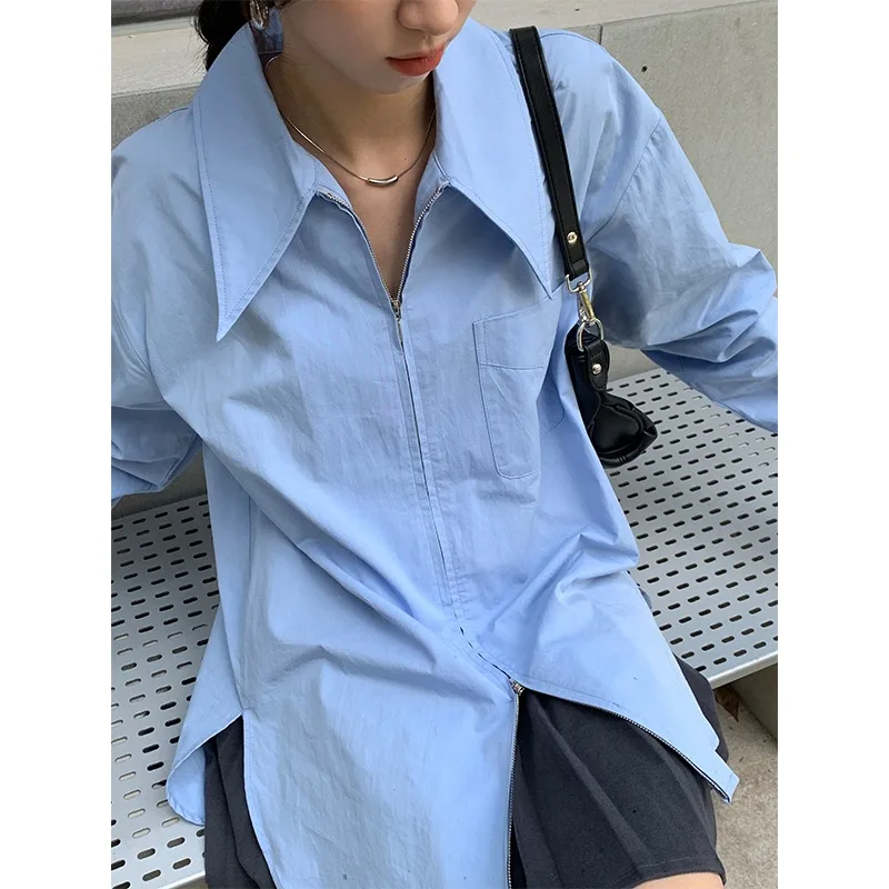 

Fashion Solid Turn-down Collar Zipper Blouse Women Long Sleeve Office White Shirts Casual Streetwear Elegant Tops Blusas 29287