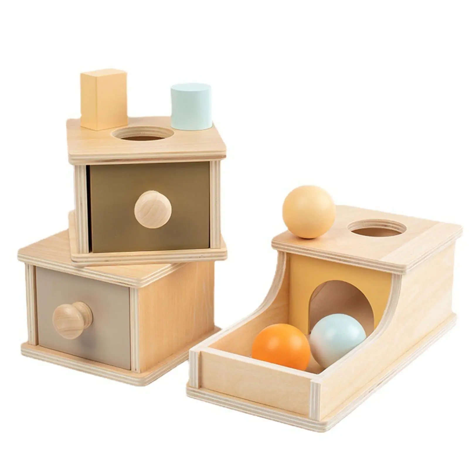 

Wooden Object Permanence Box Preschool Learning Toy with Tray Three Balls for Infant 1 Year Old Boys Girls Kids Children