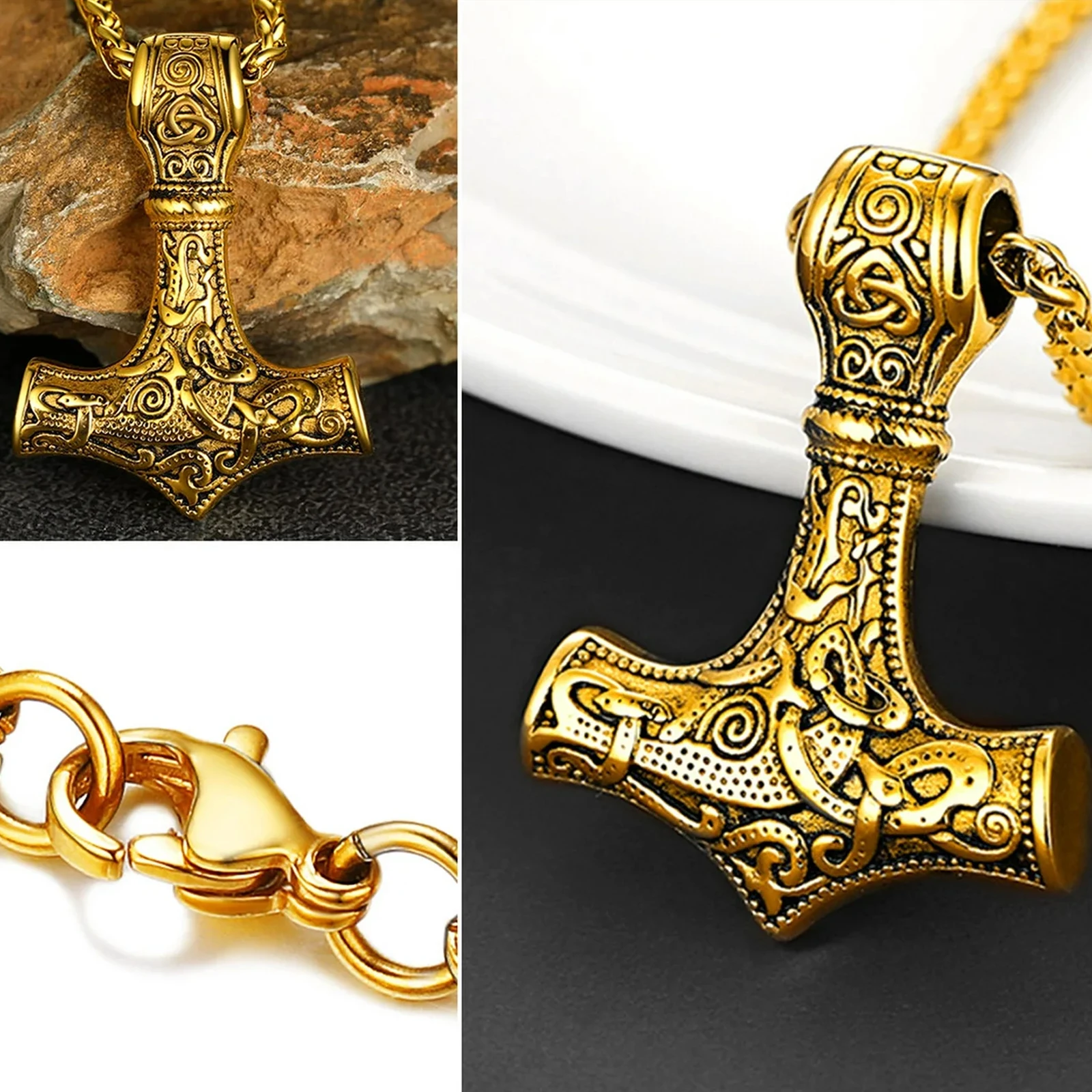 Men's Viking Thor's Hammer Pendant Necklace Norse Mythology Retro Amulet Knight Jewelry Accessories