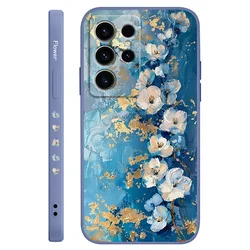 Gold Leaf Flower Phone Case - Elegant Protective Cover - Galaxy S21 (Light Blue)