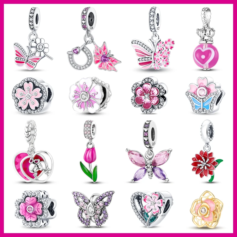 

100% 925 Sterling Silver Pink Color Charms Beads Butterfly Rose Pansy Flower Pendant Fit Pandora Bracelet Necklace Jewelry Women