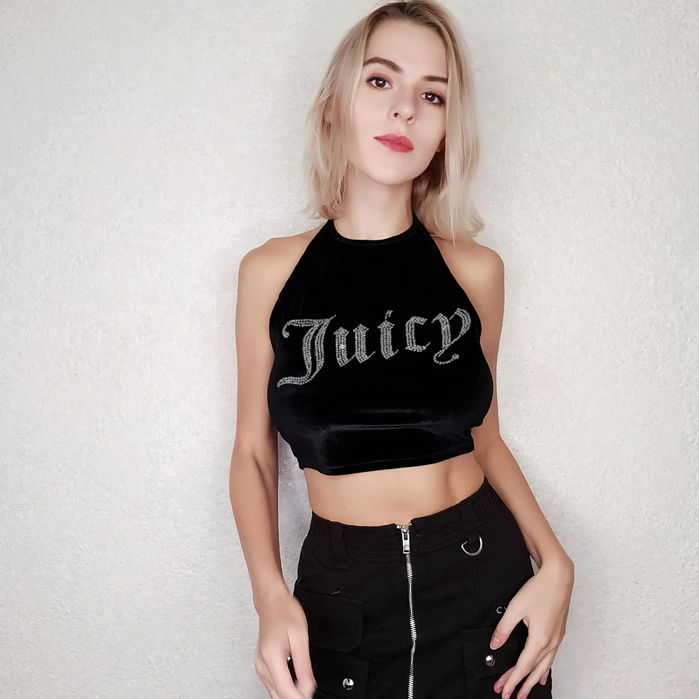 

rinestone top Velour Juicy Tank top Y2k Letter Juicy Rhinestone Design Women Solid Wild Sleeveless Camisole Stretchy Street Vest