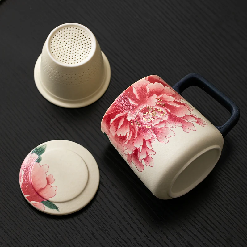 Chinese Style Ceramic Cartoon Floral Pattern Mug, Personal Creative Teacup, With Cover Filtered Tea Water Separation, 400ml, 1Pc