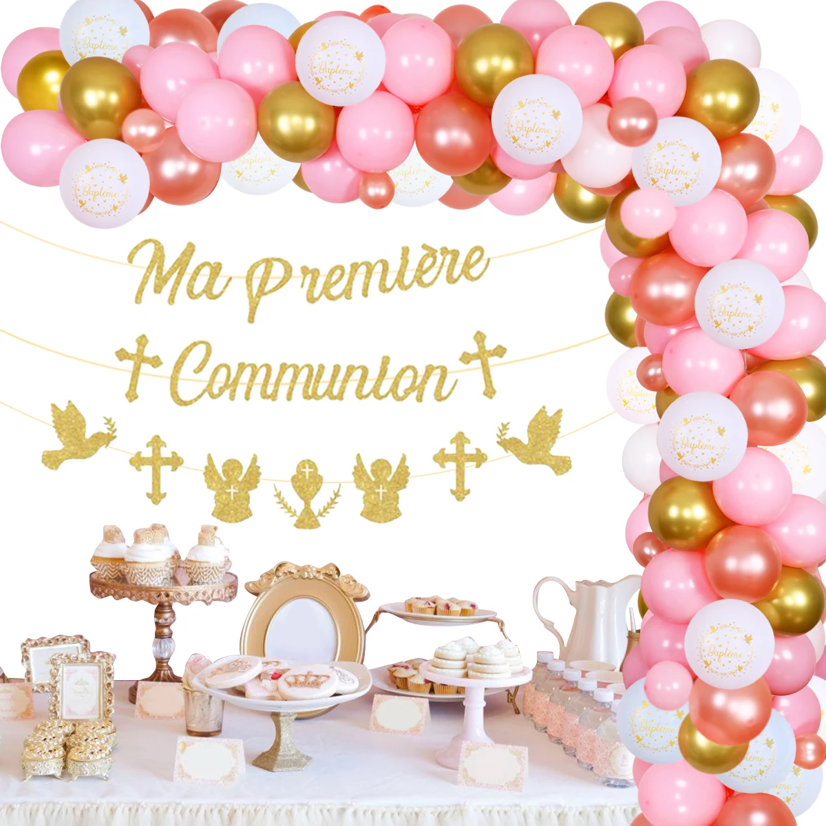 Decorazioni per il battesimo ragazza palloncino rosa Mi Primera ghirlanda  Banner My First premiere comunione Baby Shower santo battesimo neonato -  AliExpress