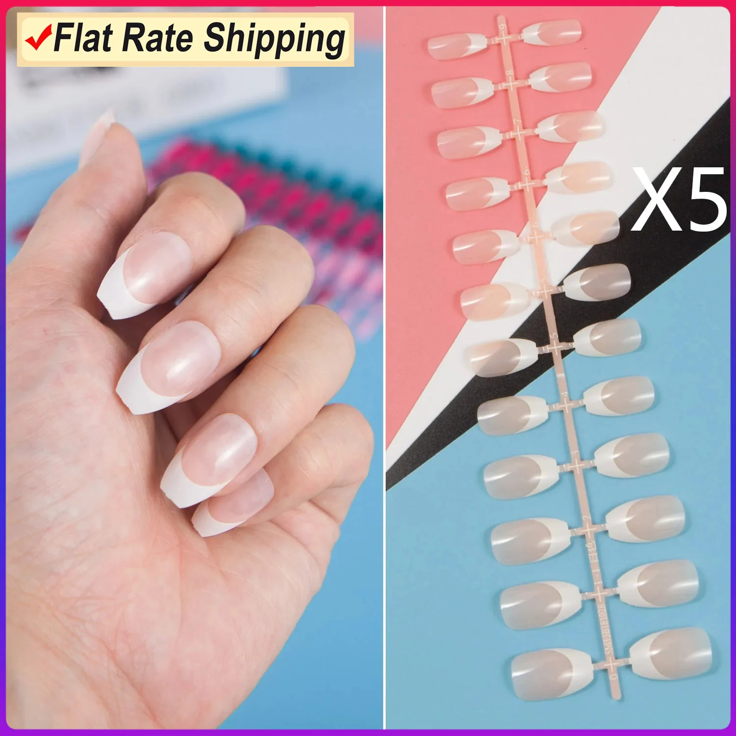 5 Sets In The Package 24Pcs/Set Square French False Nail With Uv Coat Durable Press On Fake Nail Diy Kits Full Cover Nail Tips