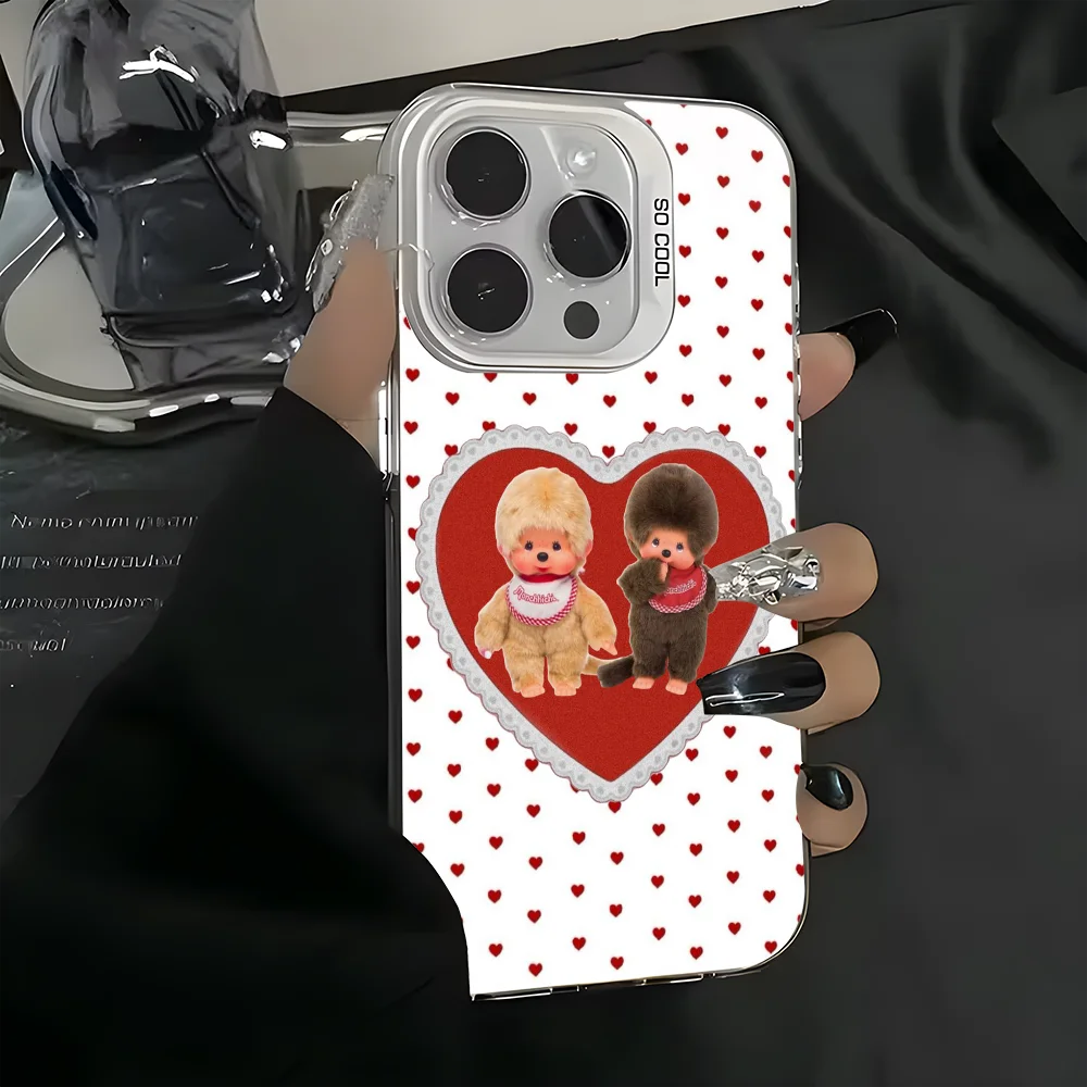 Niedliche Cartoon M-Monchhichi Handyhülle für iPhone 16 15 14 13 12 11 Pro Max Weiß Matt Laser Metallic Aurora Funda