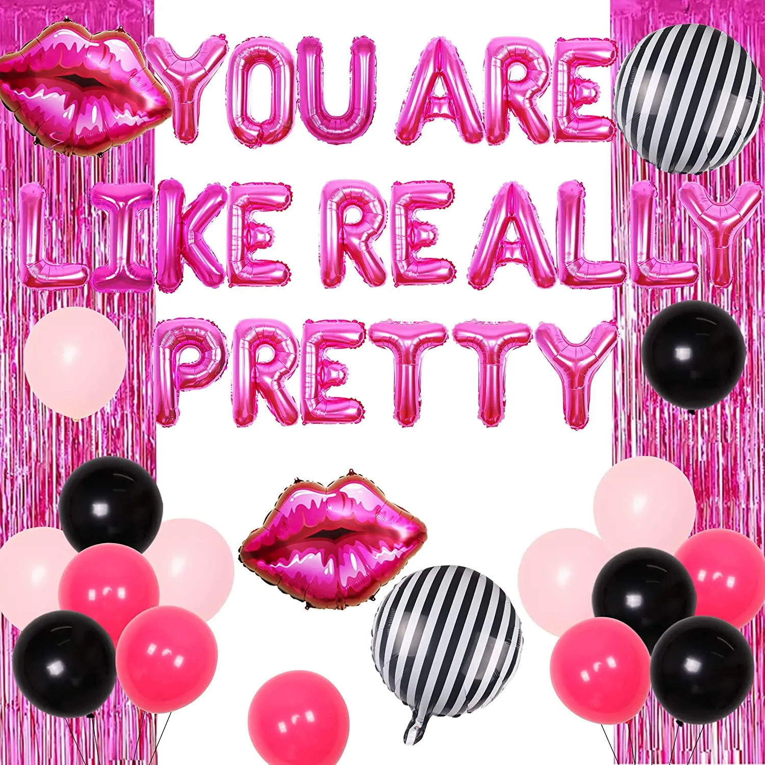 

You Are Like Really Pretty Balloon Banner Decorations Hot Pink Tinsel Curtain for Funny Bachelorette Birthday Party Supplies