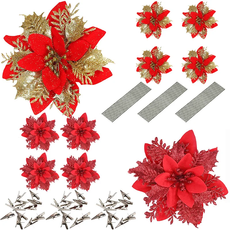 5Pcs 14cm Glitter Artificial Flowers Christmas Decoration Christmas