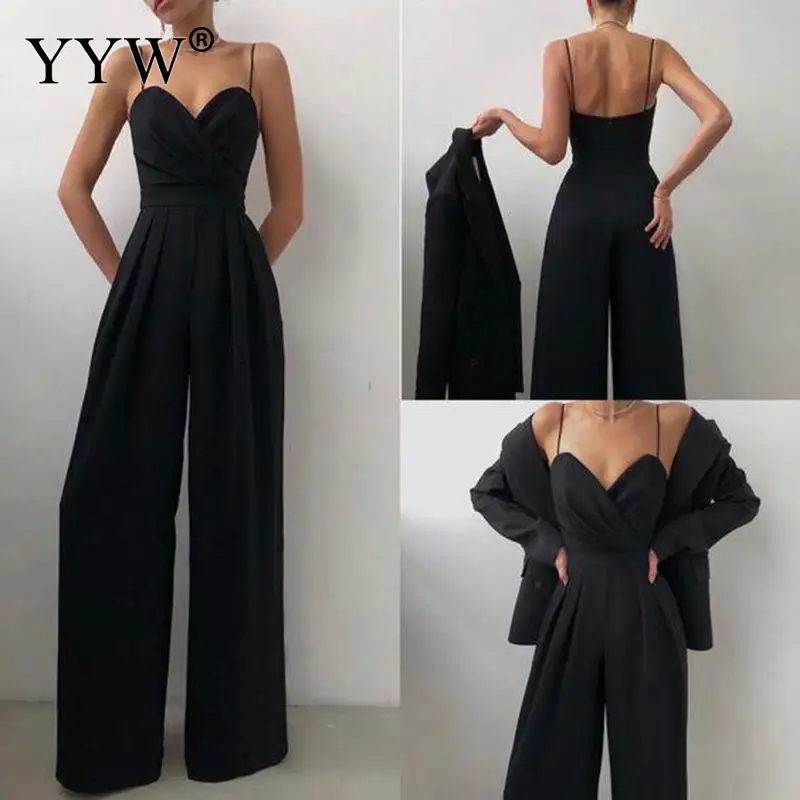 Women Sexy Backless V Neck Slim Flare Rompers Elegant Wide-leg Pants Summer Streetwear Solid Color Sling Sleeveless Jumpsuits