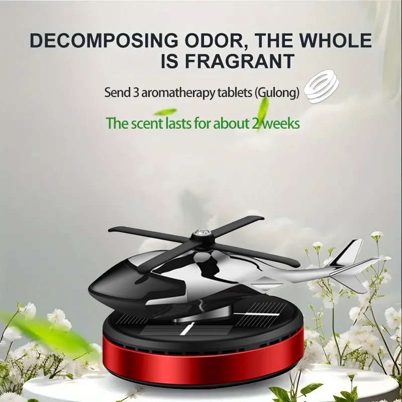 Solar rotating car mounted aircraft fragrance creative helicopter car mounted fragrance perfume accessories（ red）